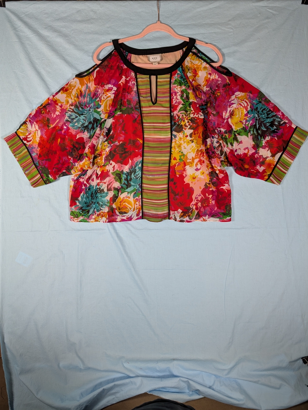 ECI Multicolor Floral Off-Shoulder Sweater with Striped Placket